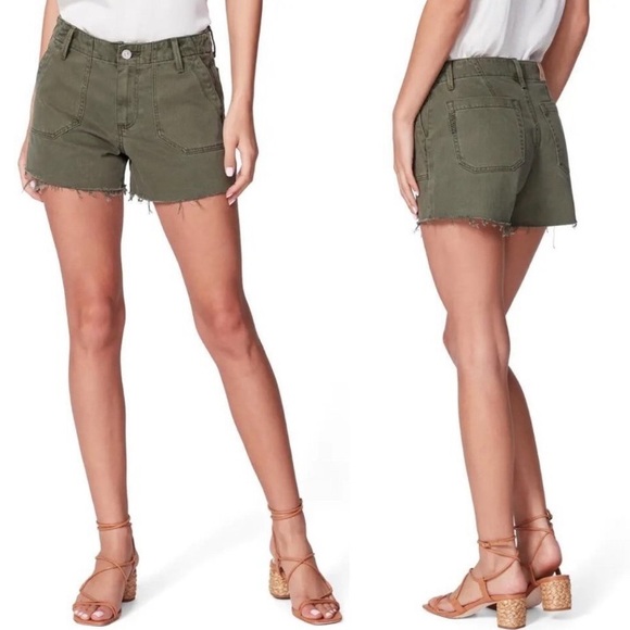 PAIGE Mayslie High Waist Cutoff Utility Shorts Size 29 Vintage Ivy Green - Picture 1 of 17